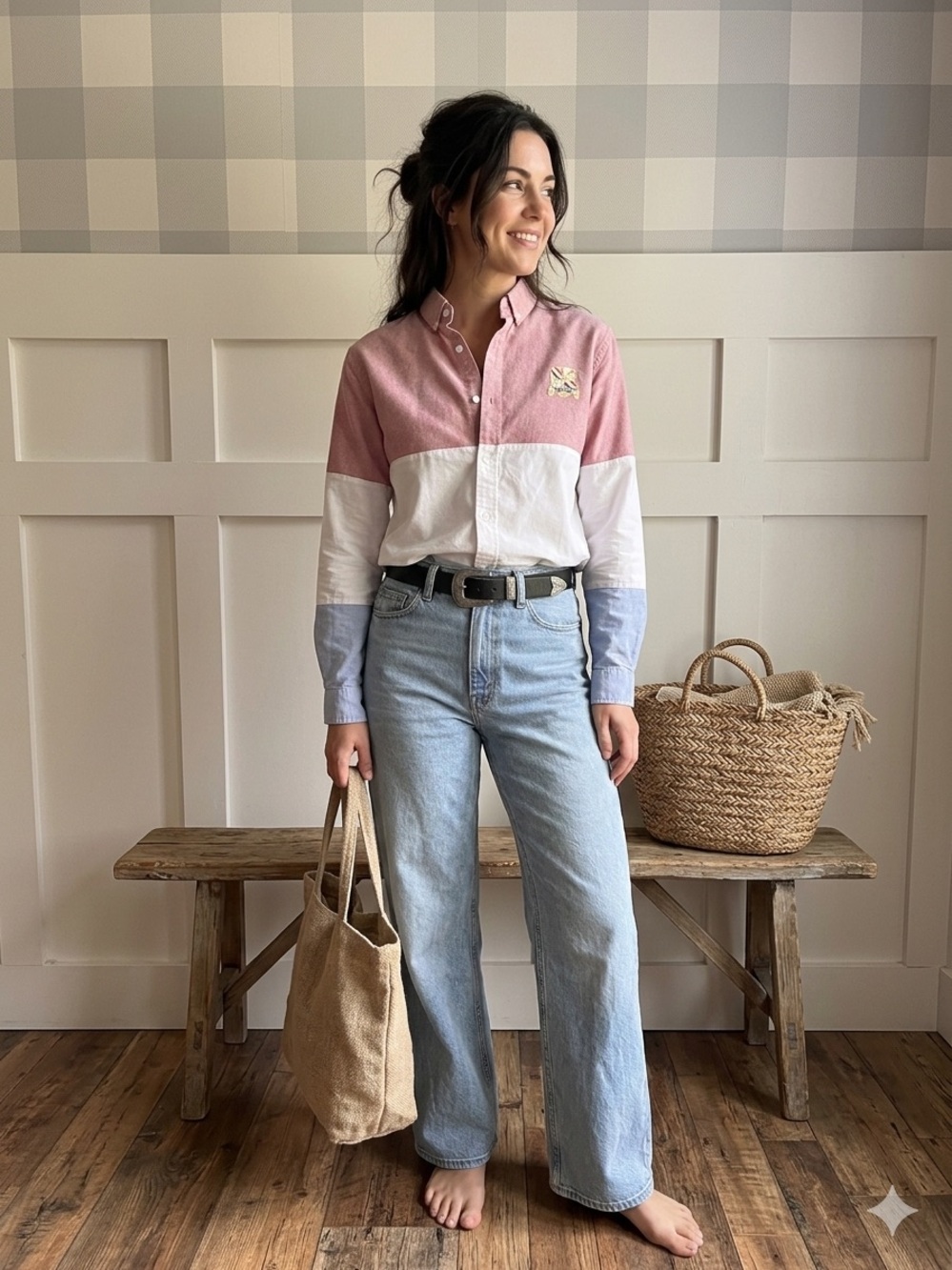 Thom Browne Pink White Light Blue Colorblock Button-Down Medium
